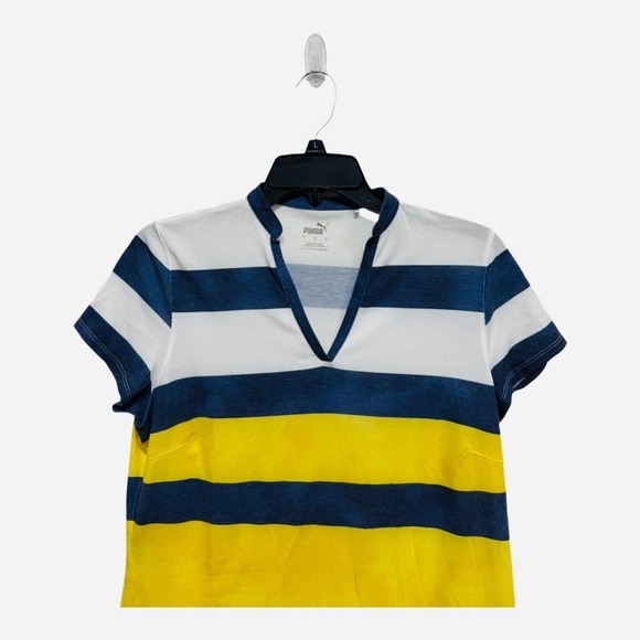 Puma Tie Dye Yellow Blue Striped VNeck TShirt Short Sleeve Size Large - Picture 2 of 6